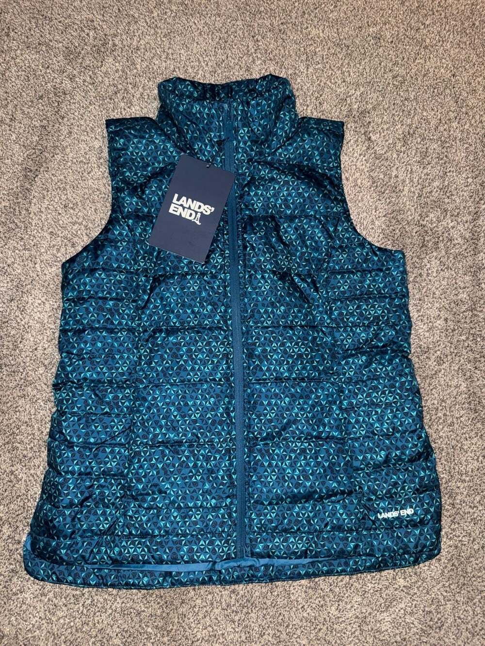 Lands' End Down Puffer Vest Size S 6-8 Blue Geometric